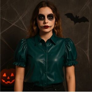 Entro Teal Faux Leather Puff Sleeve Shirt Spooky Doll Costume Halloween